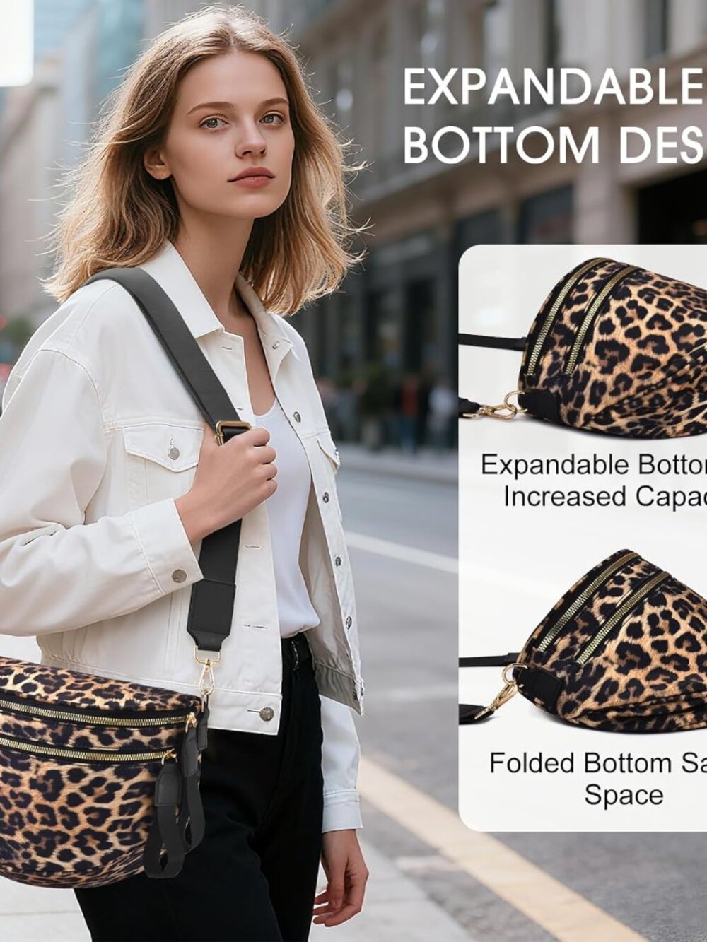 Women's Leopard Bum Bag Spacious Nylon Checkered Shoulder Crossbody Bag - Picture 6 of 6
